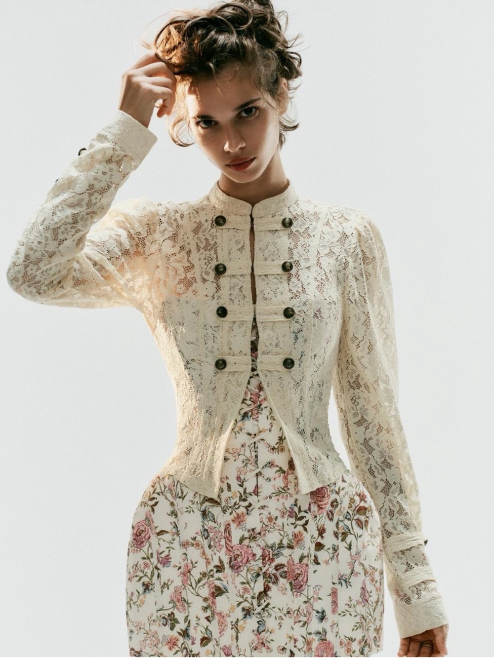 Zara Cream Lace Military-Style Button Blouse army lace front fasten Ecru color